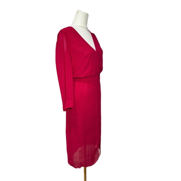 NWT Bebe Womens Raspberry Pink Chiffon Faux Wrap Midi Dress 3/4 Sleeve Size 4 - Picture 7 of 16